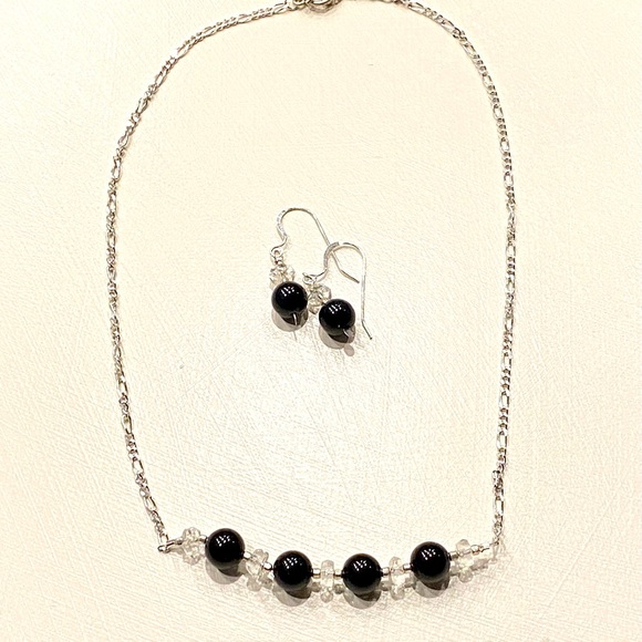 Handcrafted Black Onyx and Clear Quartz Necklace and Earring Set - Picture 1 of 6